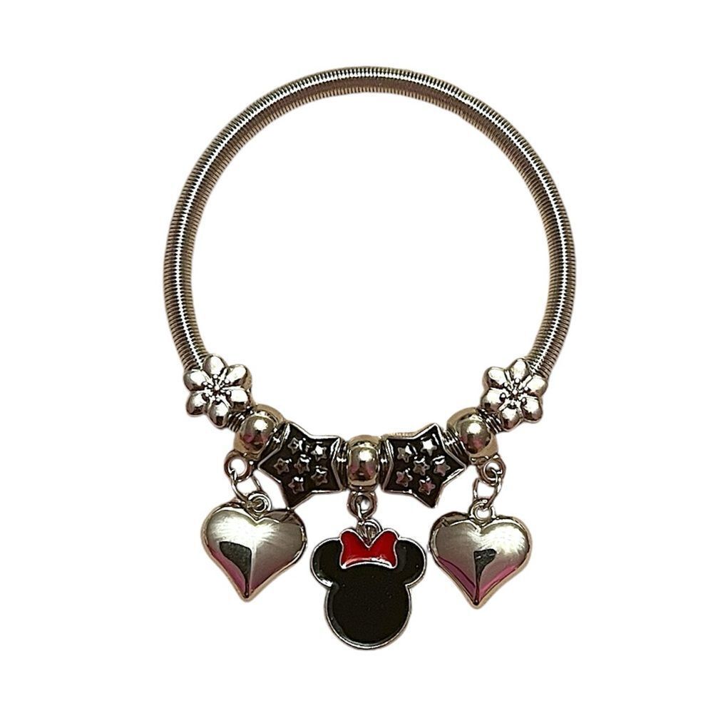 Black Minnie Mouse Heart Stretchy Silver Tone Charm Bracelet NWT